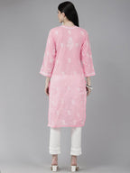 ADA Women Pink & White Ethnic Motifs Embroidered Chikankari Cotton Kurta