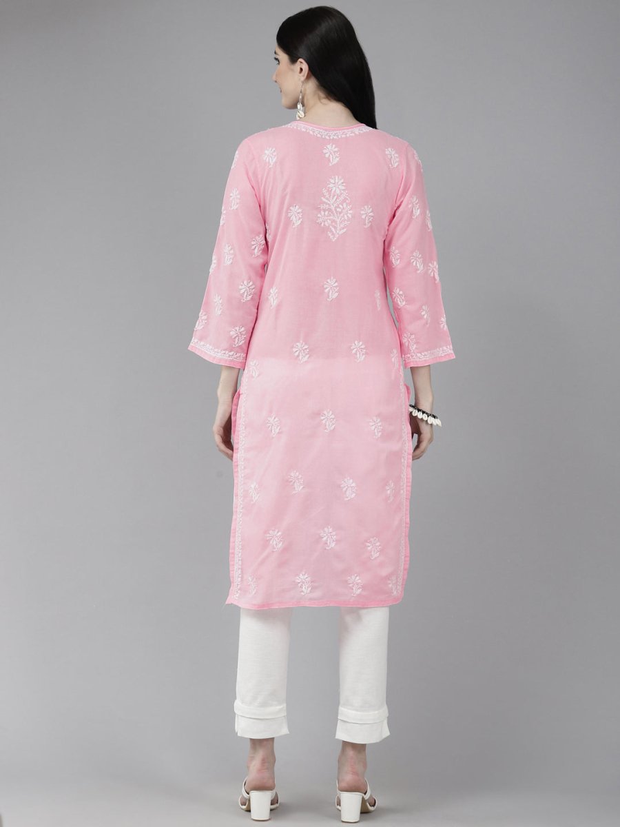 ADA Women Pink & White Ethnic Motifs Embroidered Chikankari Cotton Kurta