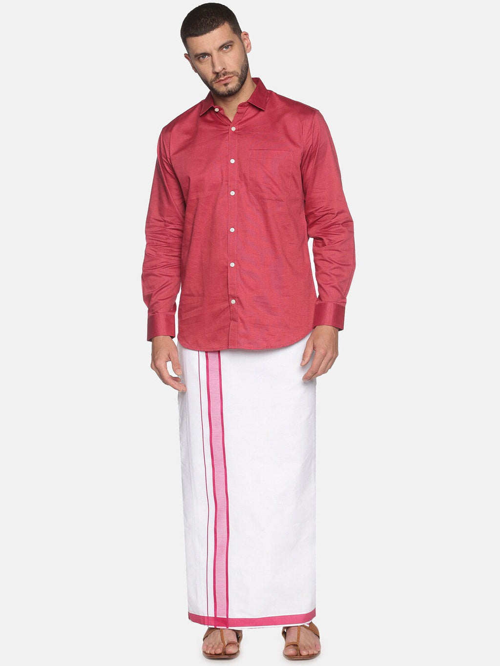 Sethukrishna White & Pink Solid Cotton Dhoti For Men - Distacart