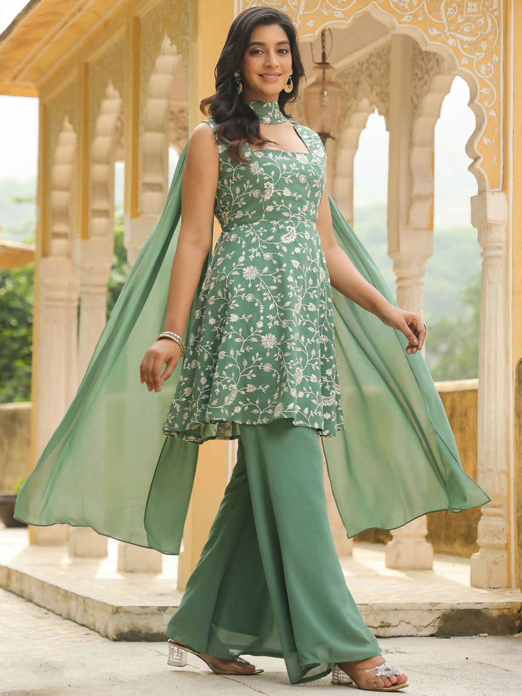 Janasya Sage Green Georgette Embroidered Kurta,Bottom & Dupatta