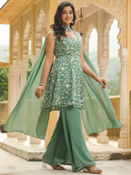 Janasya Sage Green Georgette Embroidered Kurta,Bottom & Dupatta