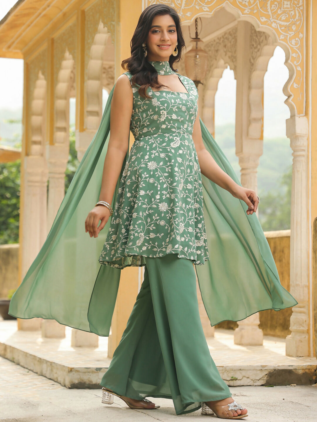 Janasya Sage Green Georgette Embroidered Kurta,Bottom & Dupatta