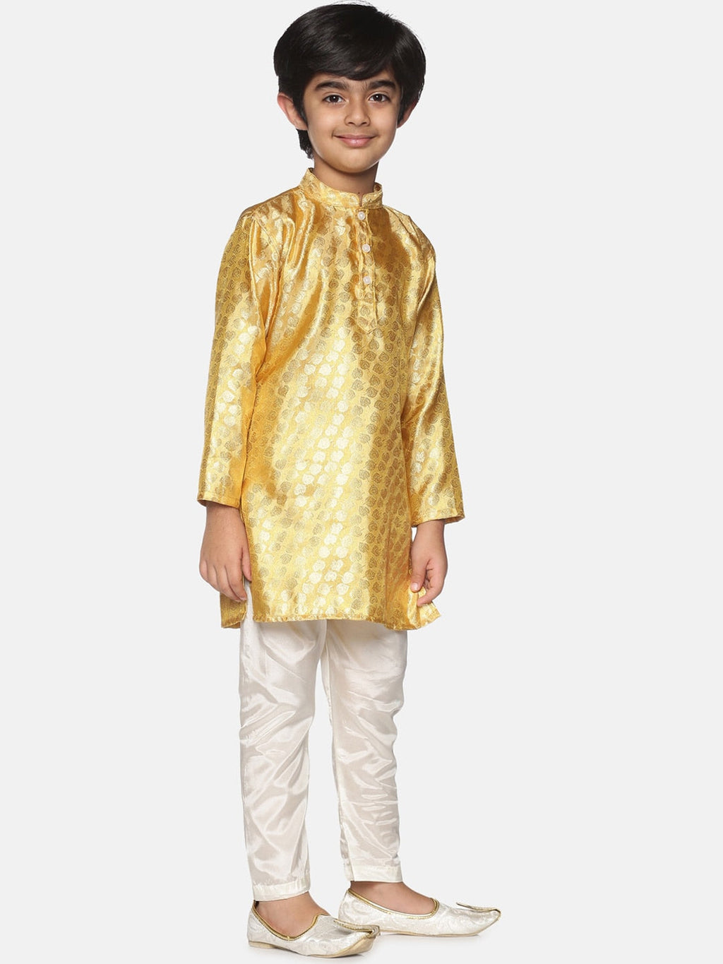 Sethukrishna Boys Gold-Coloured & White Ethnic Motifs Kurta with Pyjamas