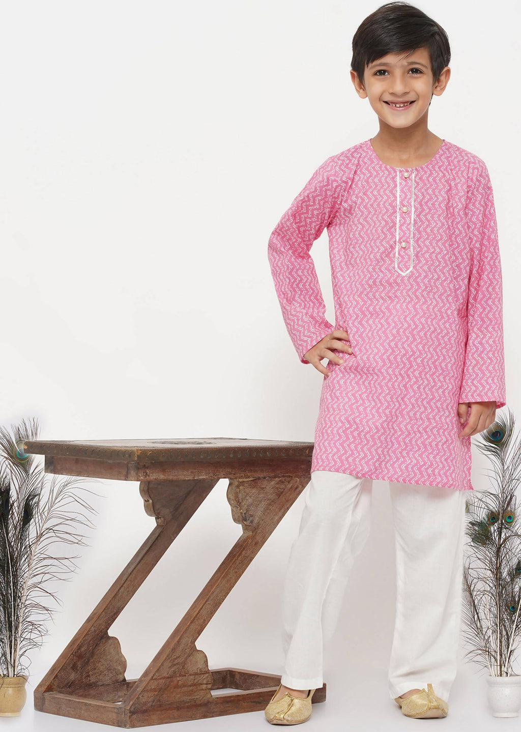 Little Bansi Boys Cotton Jaipuri Kurta with Pearl Buttons & Pyjama -Pink & Cream