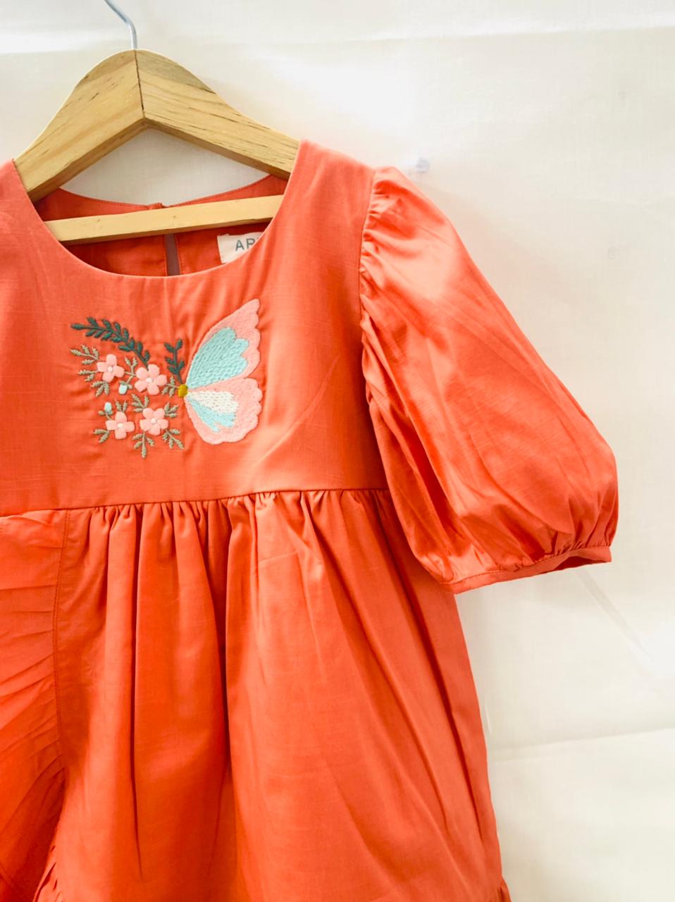 ArthLife Orange Butterfly Embroidered Dress