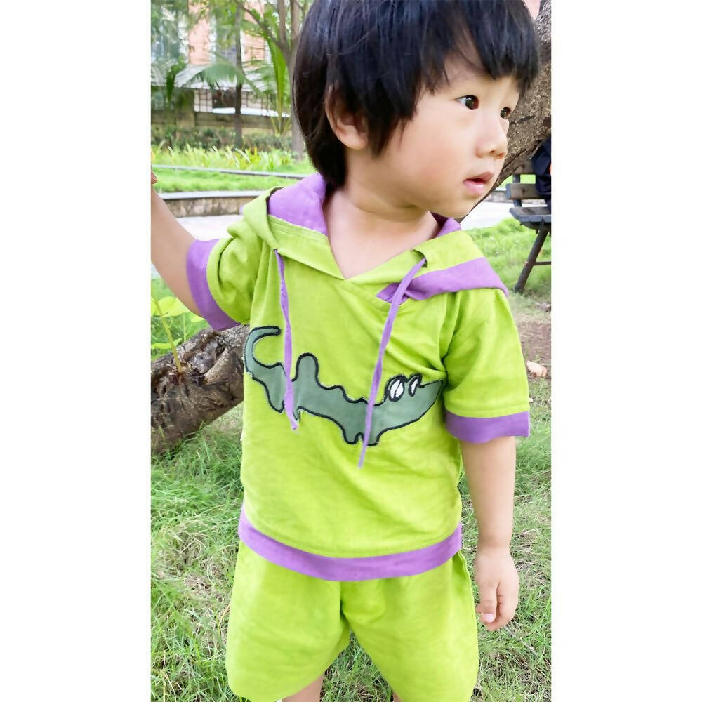 Mhyssa Croco Half sleeves Green and Purple Hoodie with Shorts Set For Kids