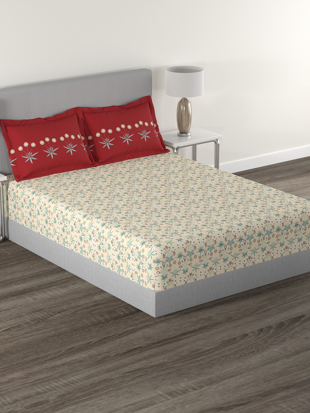 MYTRIDENT Beige Green Floral Cotton 144 TC Queen Bedsheet With 2 Pillow Covers