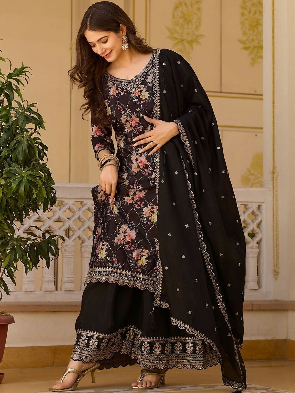 The52 Black Women's Gorgeous Embroidered Chinon Fabric Straight Kurta Palazzo and Dupatta Set - Distacart