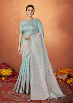 Sky Blue Tusser Silk Woven Design Saree With Unstitched Blouse Piece - Norita Royal Pradha