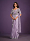 Lavender Crepe Satin Silk Embroidered Saree With Stitched Blouse - Mohmanthan Exotica