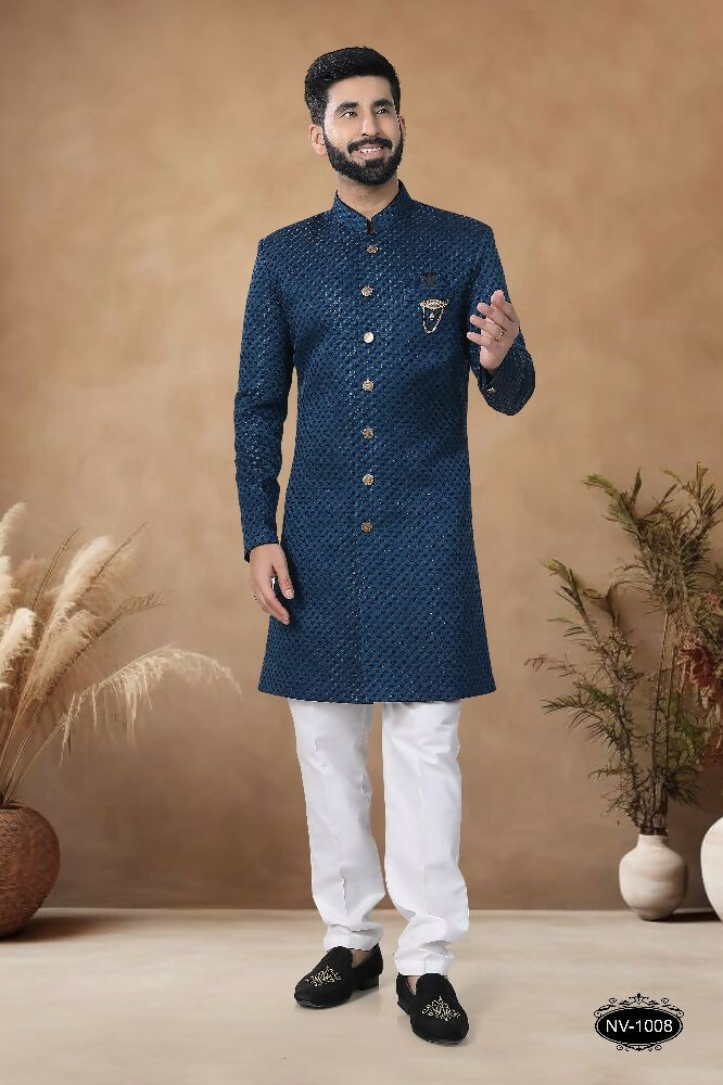 Joban Fashion Men's Blue Straight Silk Thread & Sequence Embroidery All Over Indo-Western Kurta Set
