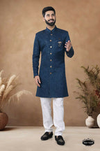 Joban Fashion Men's Blue Straight Silk Thread & Sequence Embroidery All Over Indo-Western Kurta Set