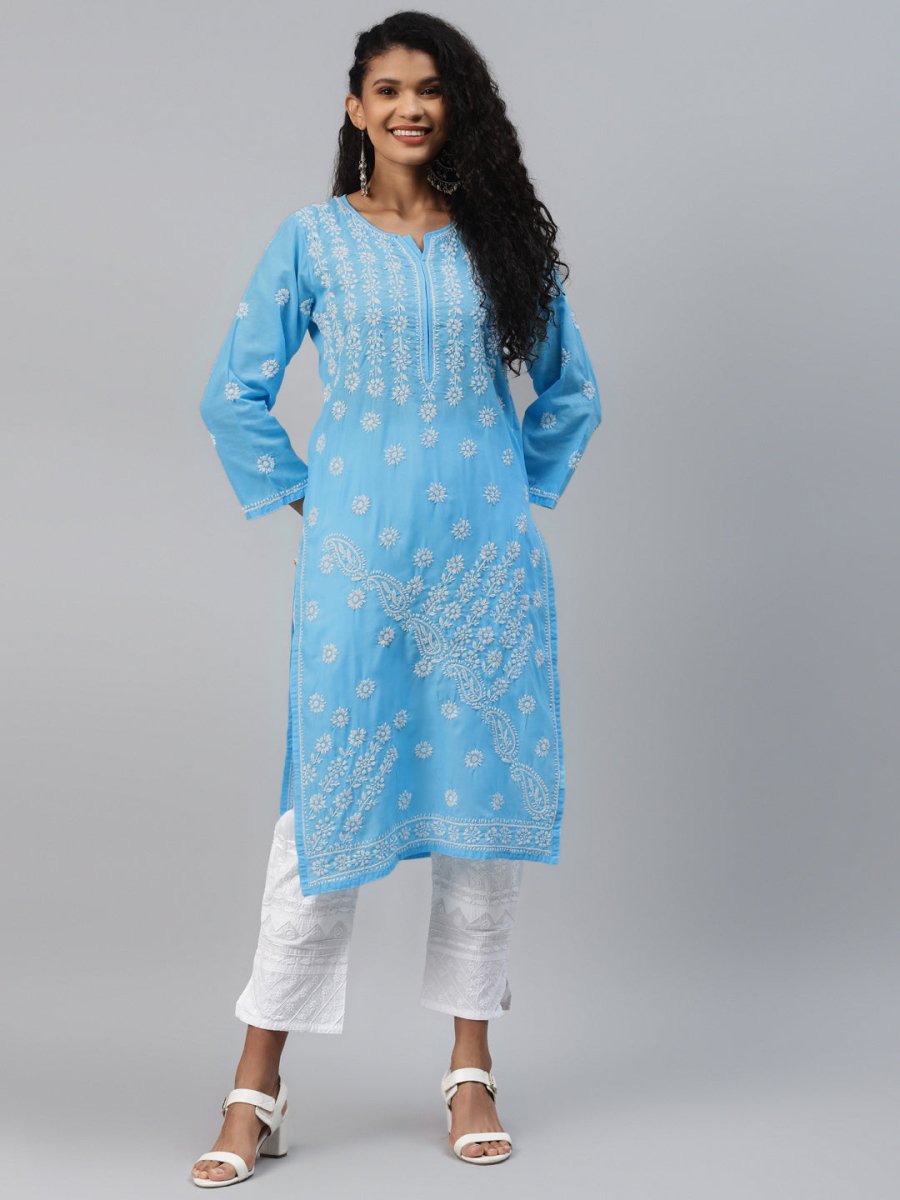 ADA Women Blue & White Ethnic Motifs Hand Embroidered Chikankari Handloom Kurta