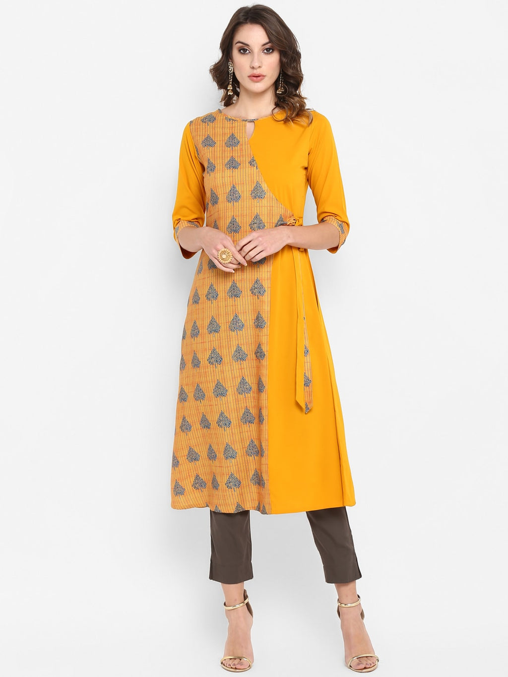 Janasya Mustard Yellow & Blue Printed A-Line Kurta - Distacart