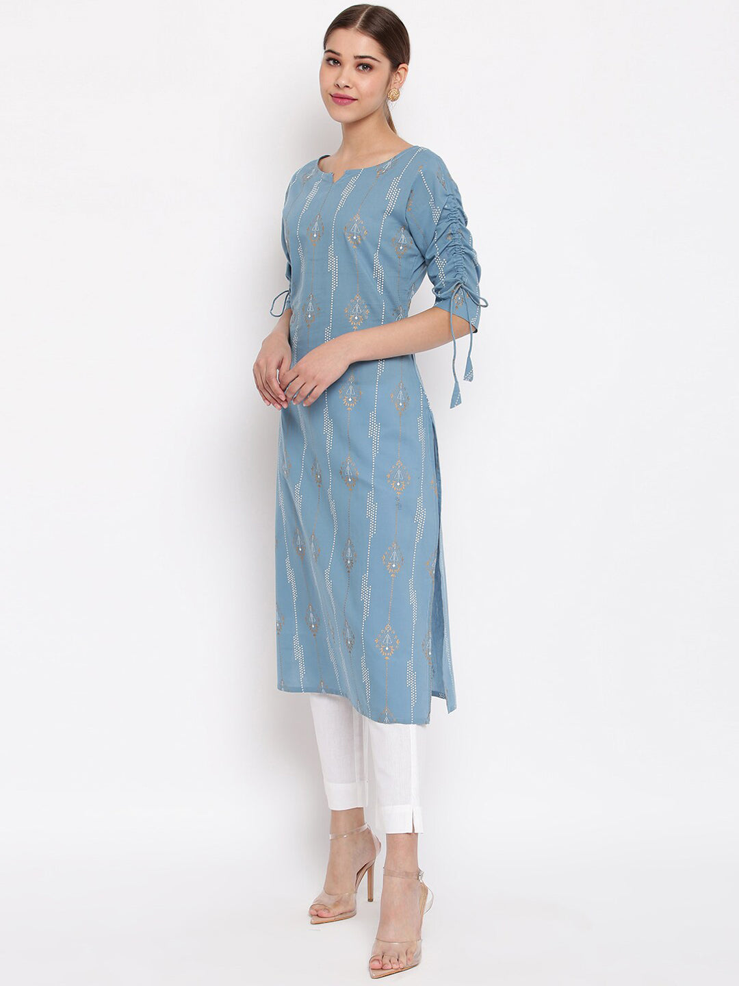 Janasya Blue Printed Straight Kurta - Distacart