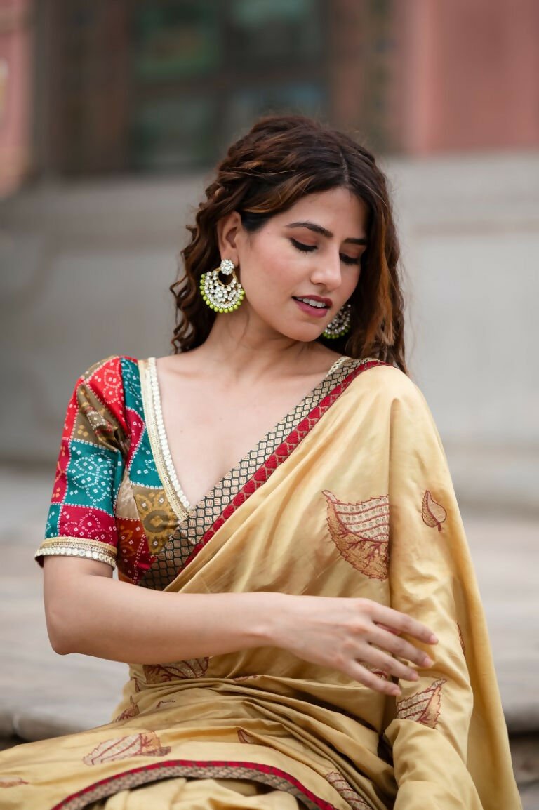 Amodini Designer Studio Women's Multicolor Bandhej Long Sleeves Readymade Sabyasachi Blouse