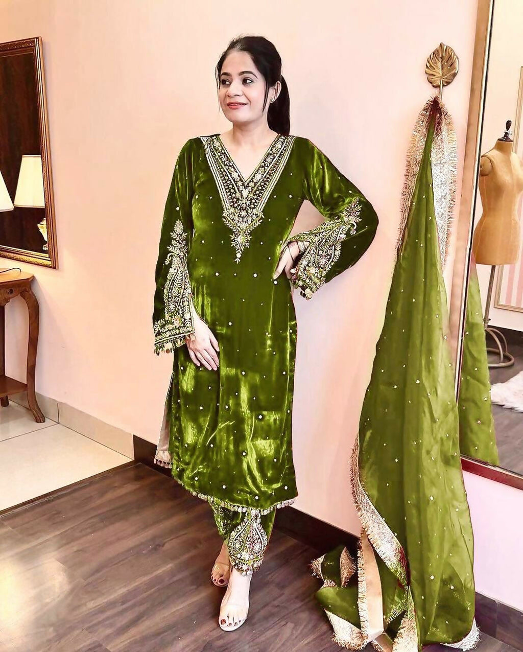 Joban Fashion Olive Green Velvet Embroidery Kurta Set - Distacart