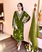 Joban Fashion Olive Green Velvet Embroidery Kurta Set - Distacart