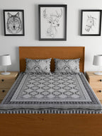 Urban Magic Grey & White Ethnic Printed Cotton 104 TC King Bedsheet with 2 Pillow Covers