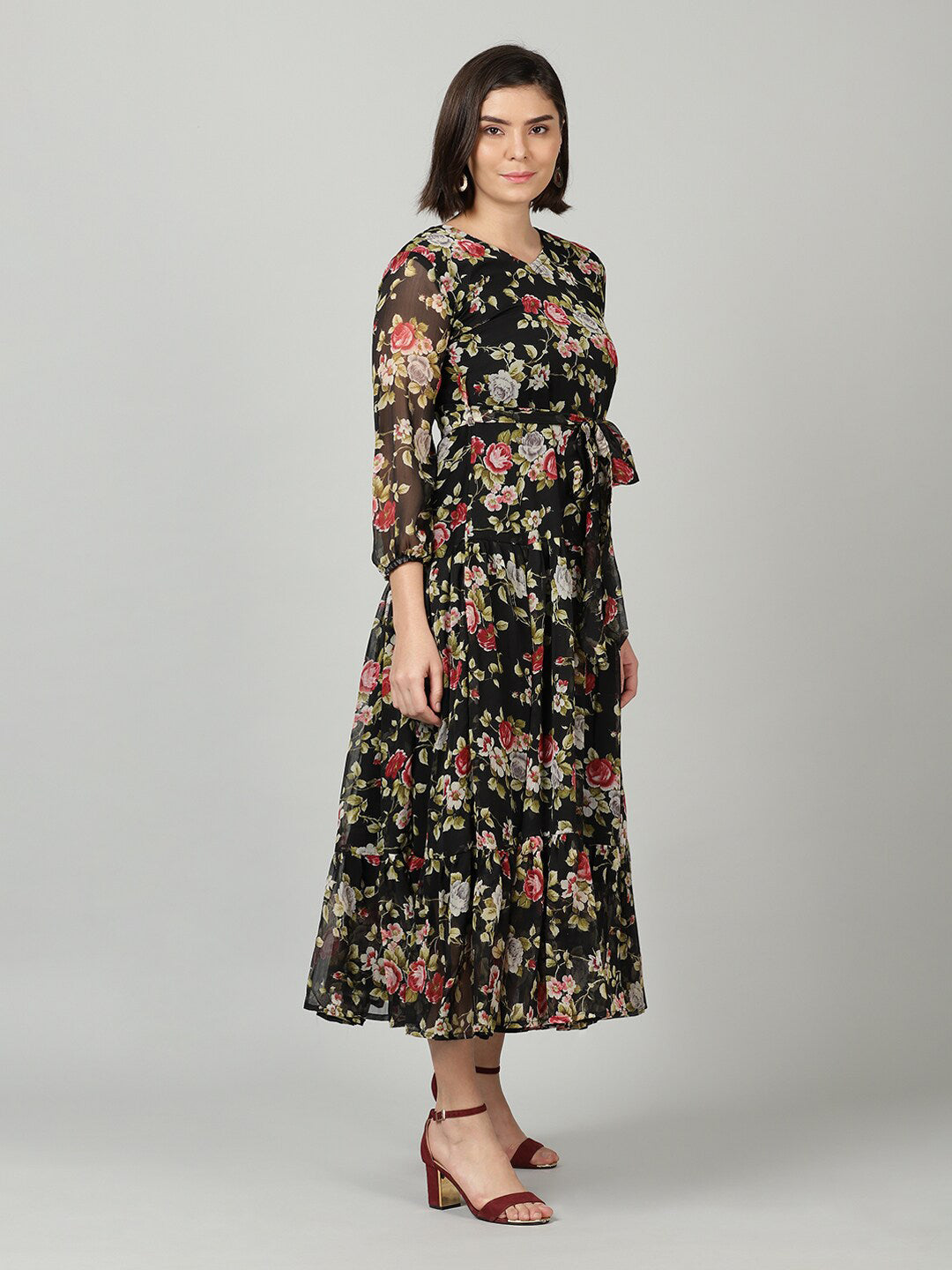 Souchii Black & Pink Floral Chiffon Midi Dress - Distacart