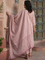 Sangria Mauve coloured Floral Printed Pure Cotton Kurta with Churidar & With Dupatta