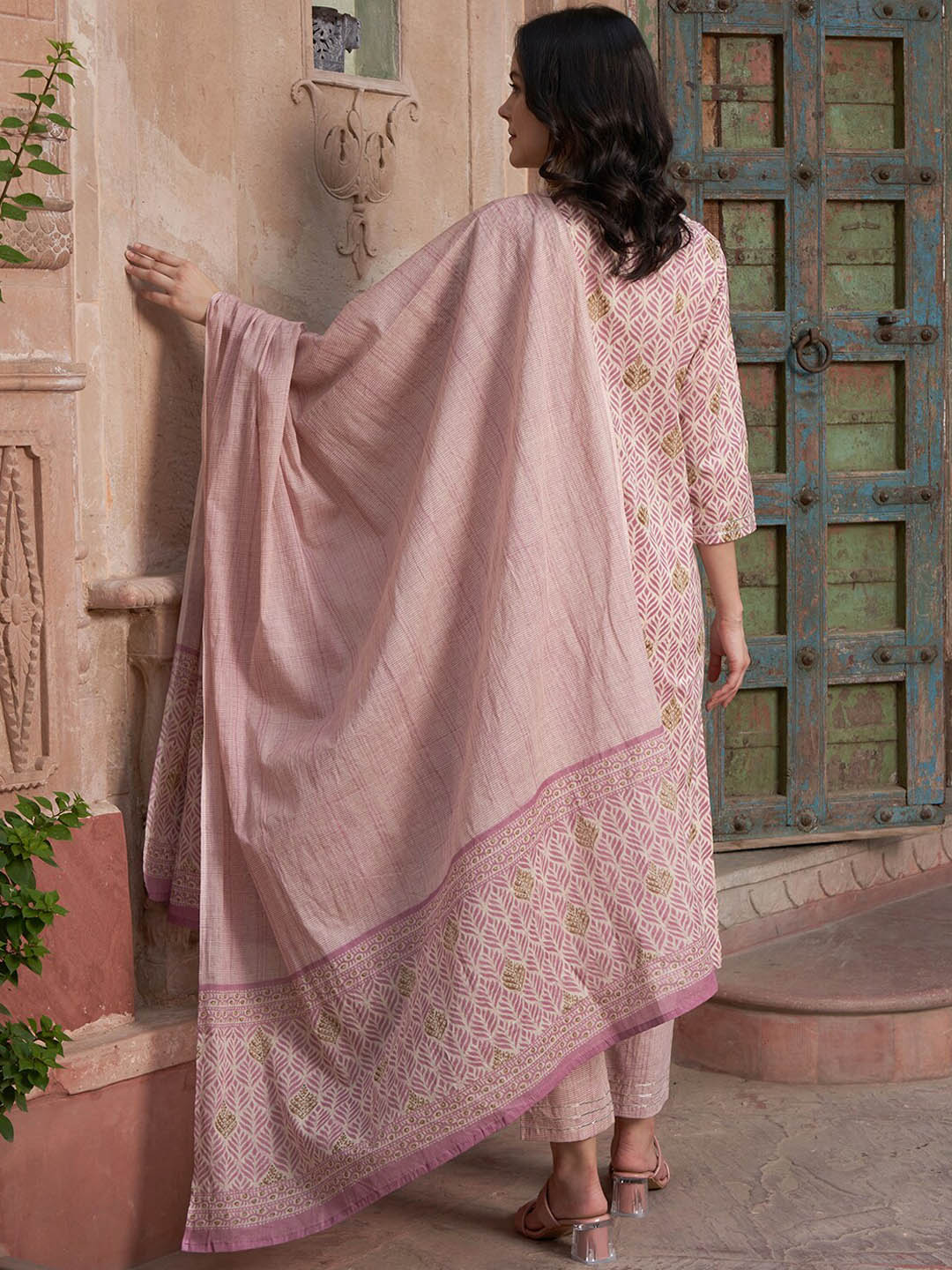 Sangria Mauve coloured Floral Printed Pure Cotton Kurta with Churidar & With Dupatta