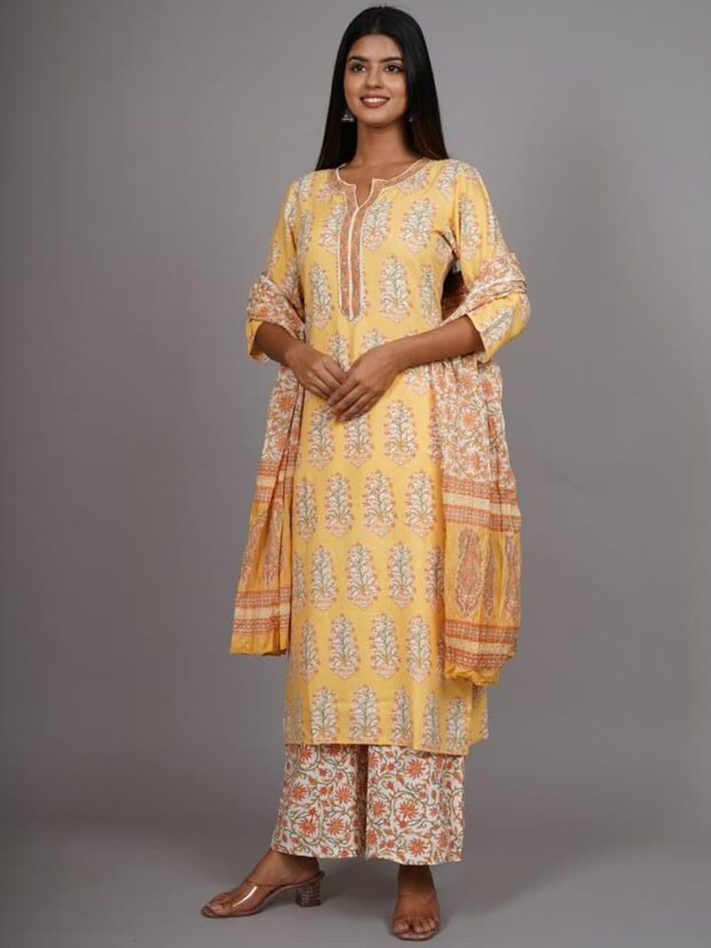HERE&NOW Women Yellow Floral Printed Thread Work Kurta with Palazzos & With Dupatta