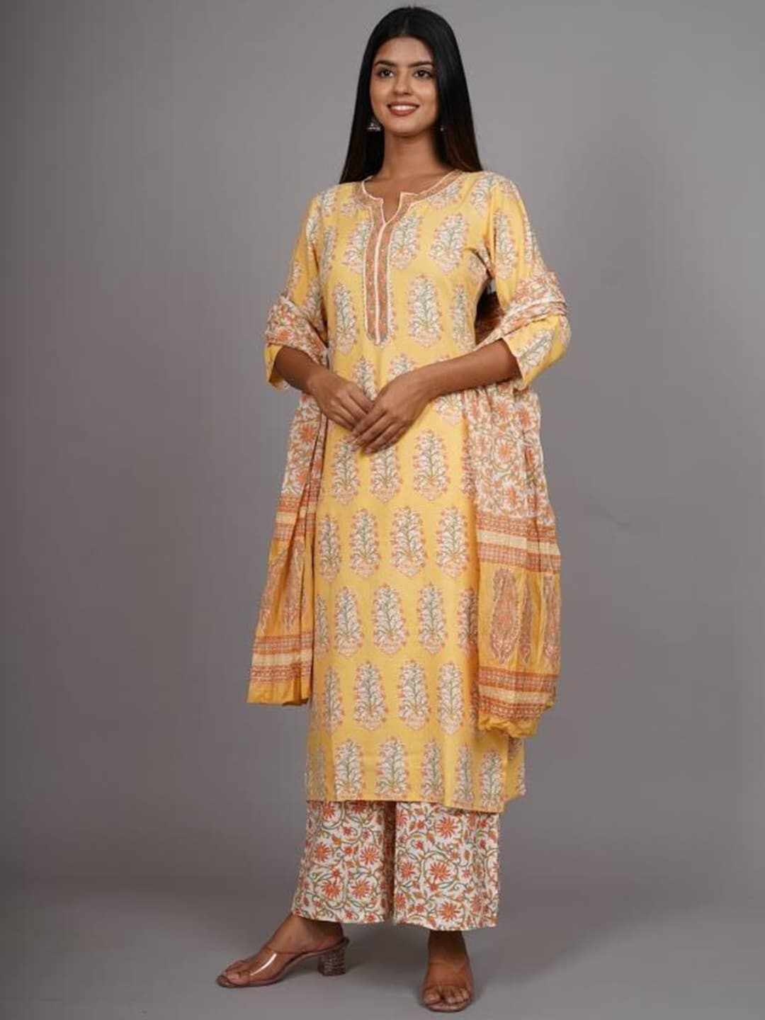 HERE&NOW Women Yellow Floral Printed Thread Work Kurta with Palazzos & With Dupatta