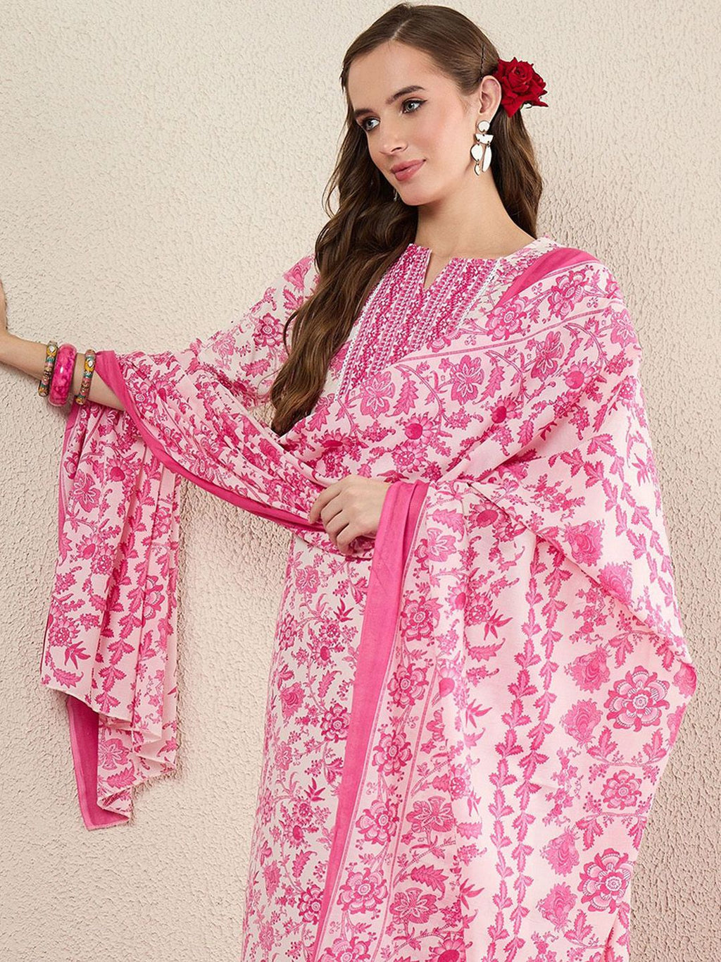 Indo Era Women Floral Printed Kurta with Trousers & Dupatta - Distacart
