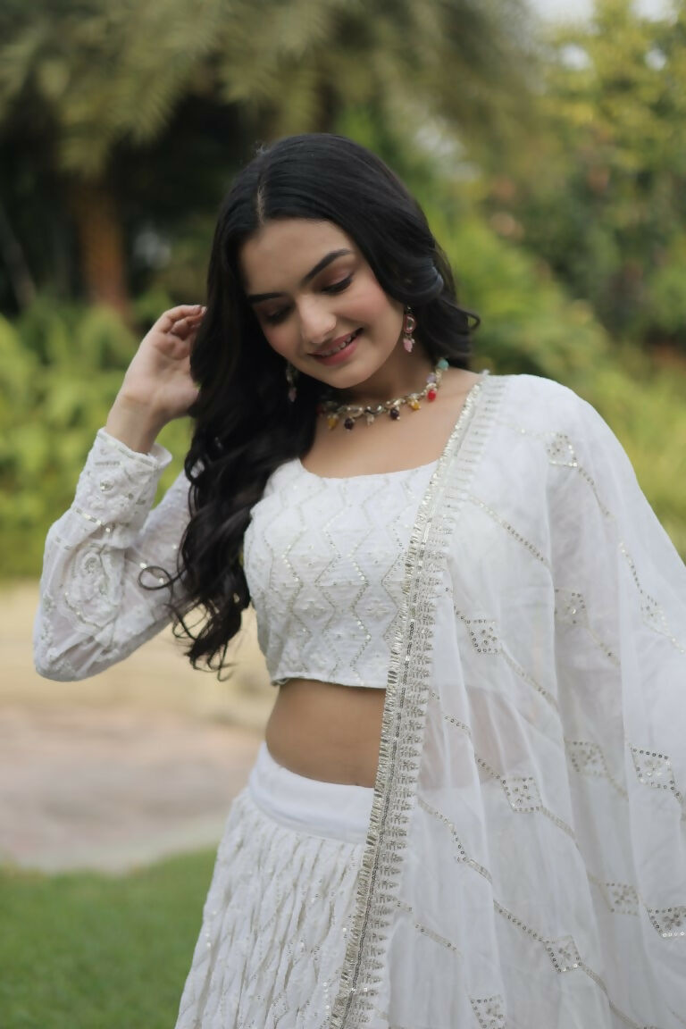 Vastranavya Faux Georgette With Sequins & Thread Embroidered Work Lehenga Choli - White