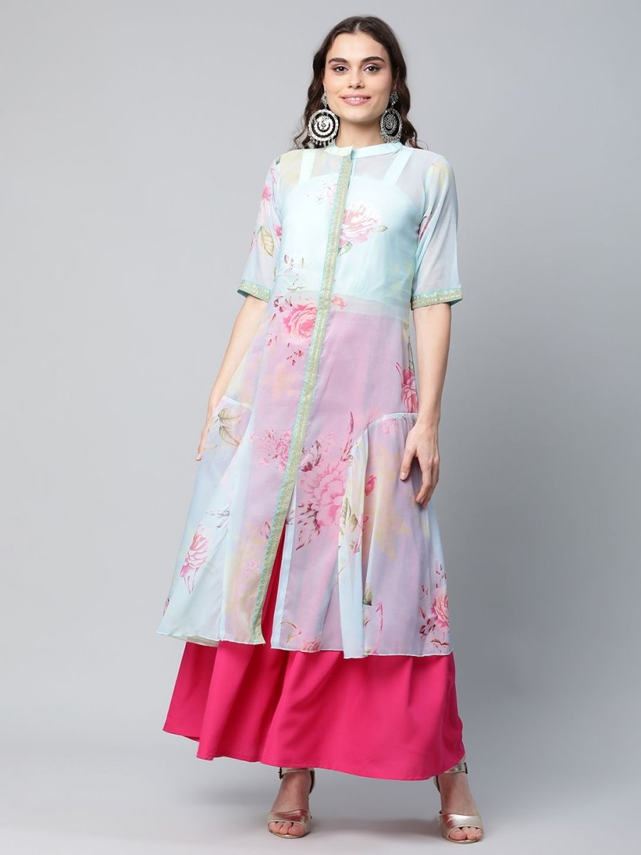 Ahalyaa Women Sea Green Floral Printed Top With Kurta - Distacart