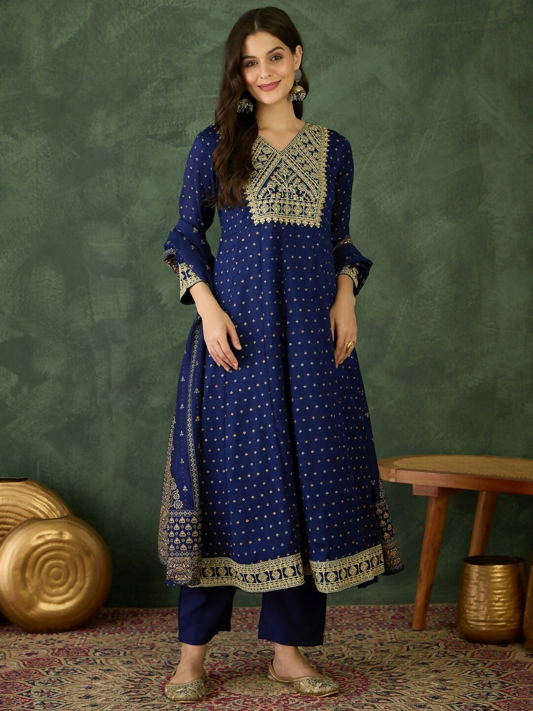 The52 Blue Women's Gorgeous Embroidered Work Vichitra Silk Fabric Flared Kurta Pant and Dupatta Set - Distacart