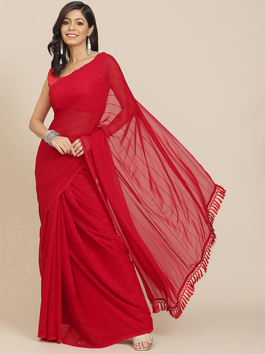 Tikhi Imli Red Striped Saree - Distacart