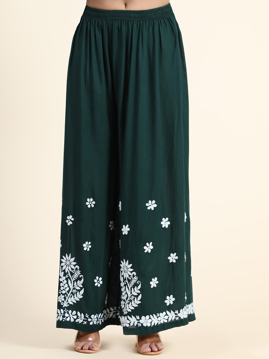 HOUSE OF KARI Women Green Floral Embroidered Chikankari Kurta with Palazzos
