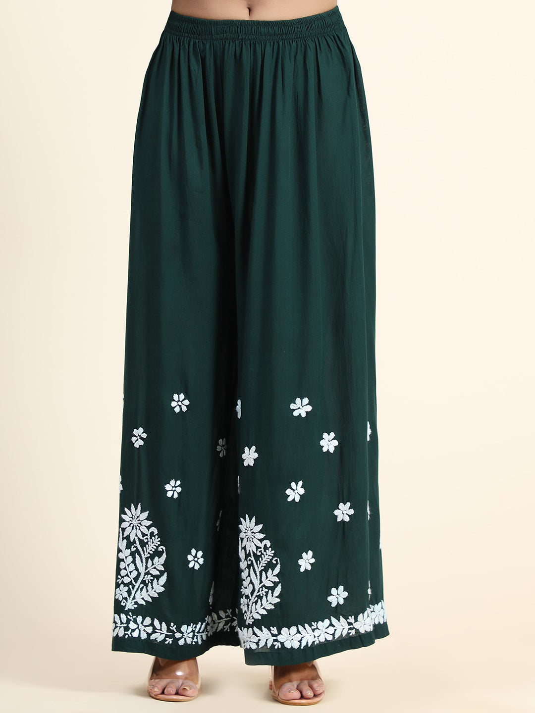 HOUSE OF KARI Women Green Floral Embroidered Chikankari Kurta with Palazzos