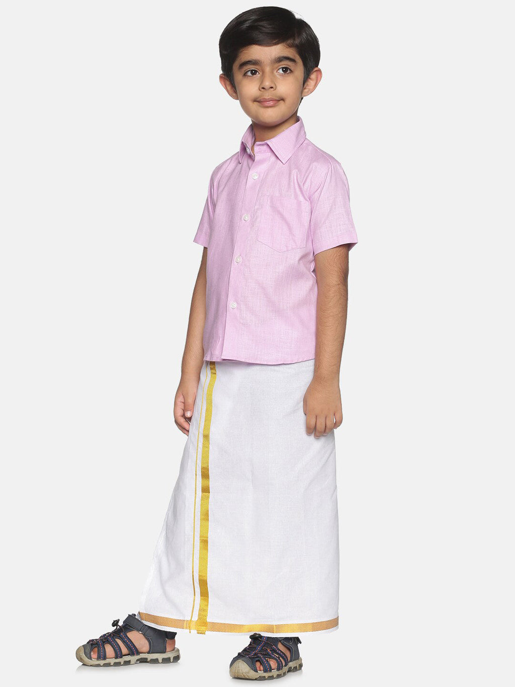 Sethukrishna Boys Pink & White Pure Cotton Shirt with Dhotis