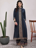 Sangria Women Navy Blue & Gold-Coloured Printed Kurta with Palazzos