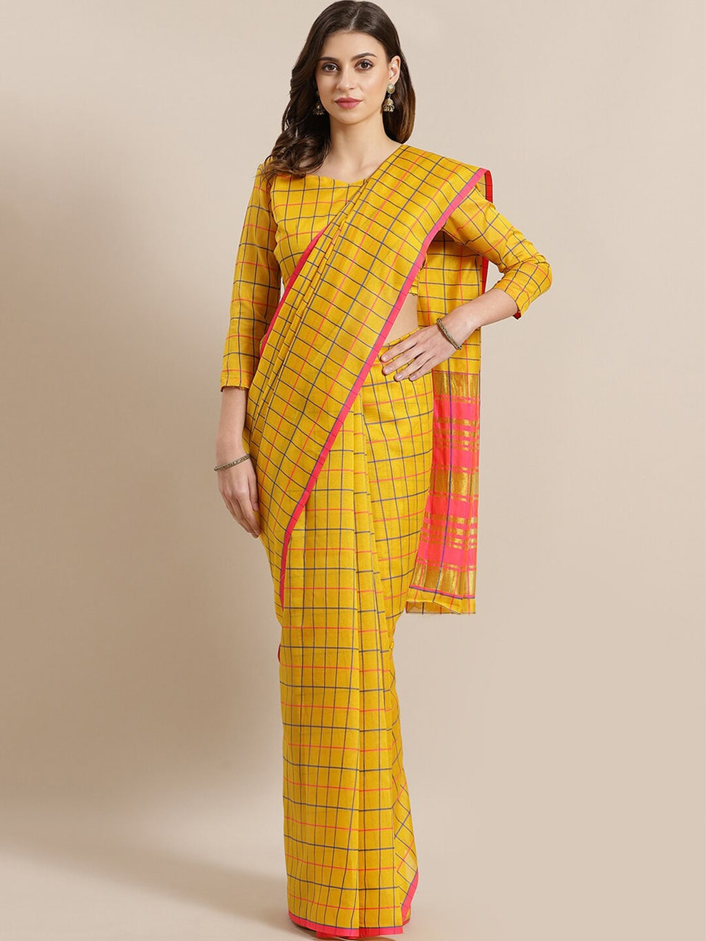 Saree Mall Mustard & Coral Checked Silk Cotton Sarees