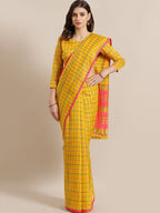 Saree Mall Mustard & Coral Checked Silk Cotton Sarees