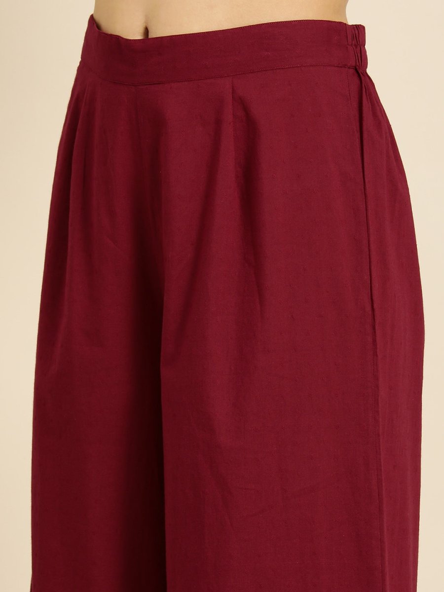 All About You Women Maroon Self Design Pure Cotton A-Line Kurta with Palazzos