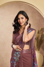 Vastranavya Coffee Digital Printed Linen Ready To Wear Designer Saree with Unstitched Blouse - Distacart