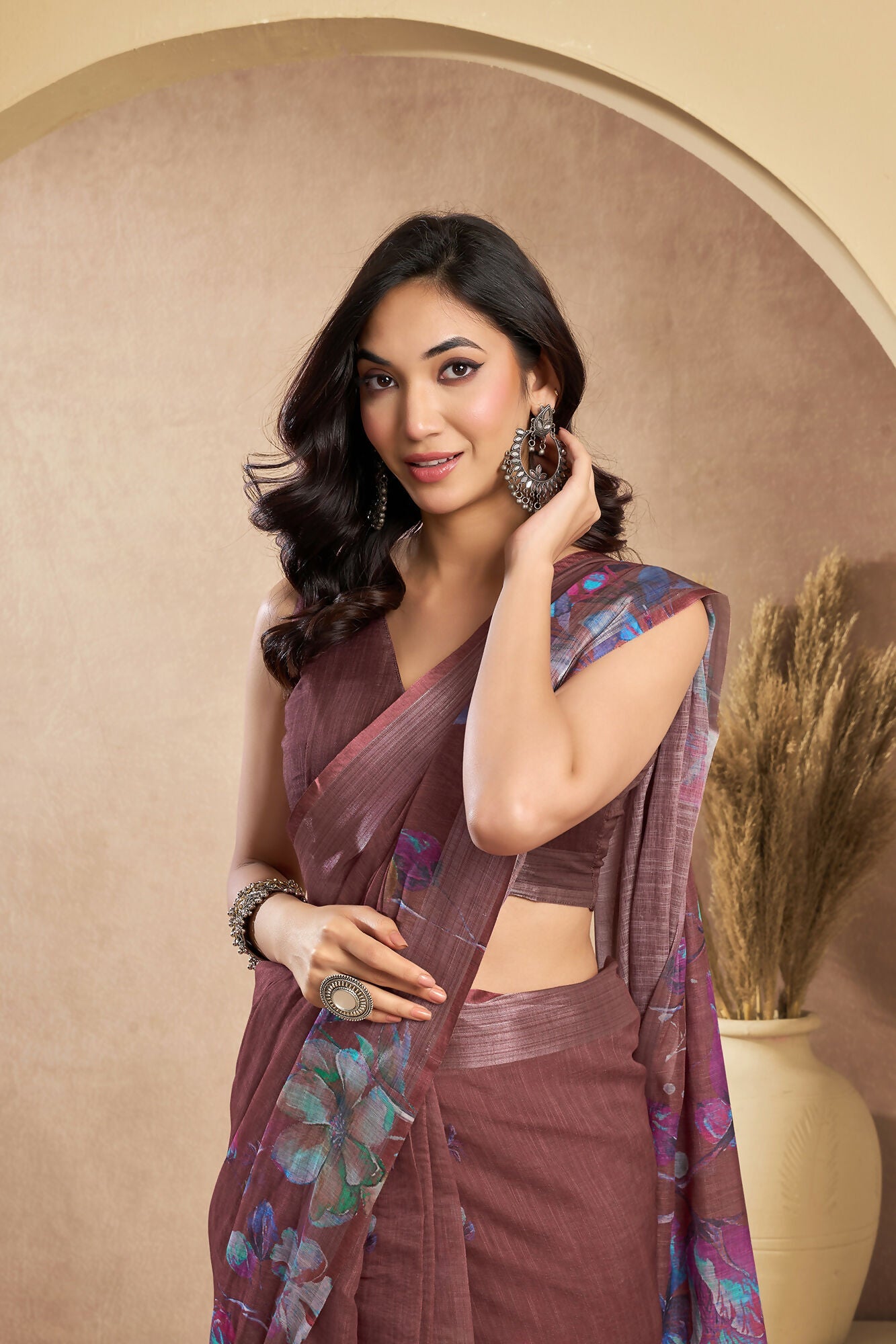 Vastranavya Coffee Digital Printed Linen Ready To Wear Designer Saree with Unstitched Blouse - Distacart