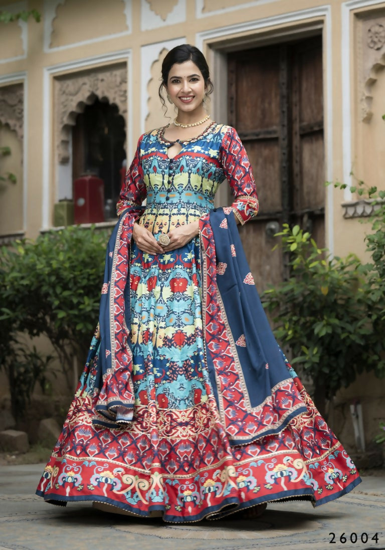 Wedding Designer Multi Soft Dola Silk Anarkali suit with Dupatta - Samanta