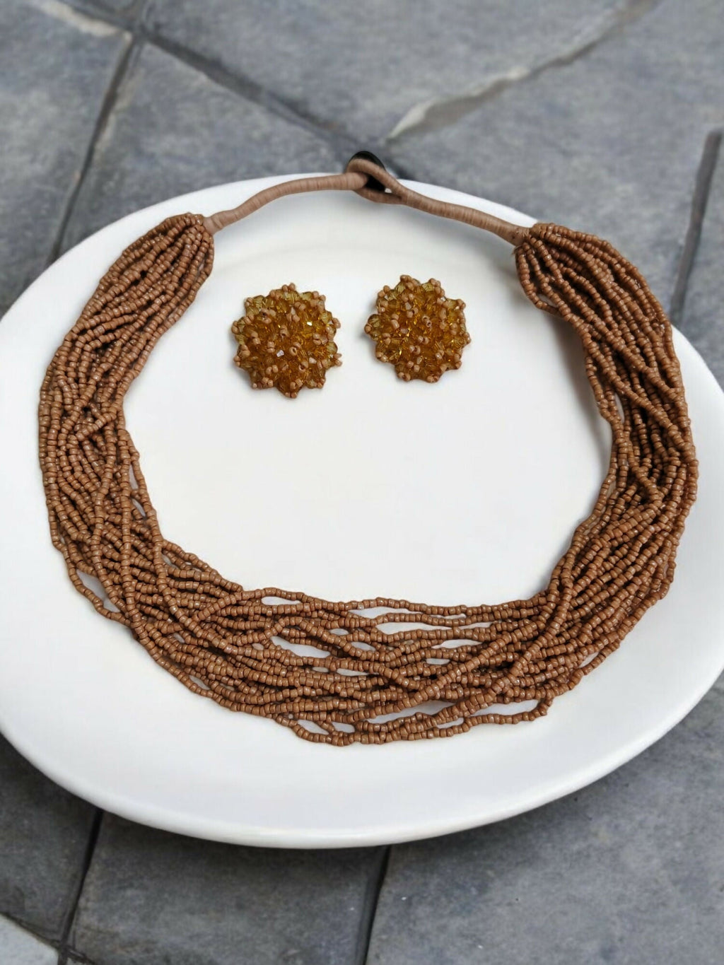 Inhanns Vibrant Handmade 20 Layers Beaded Necklace With Matching Earrings - Sandalwood