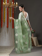 Saree Mall Olive Green & White Paisley Embroidered Organza Banarasi Sarees - Distacart