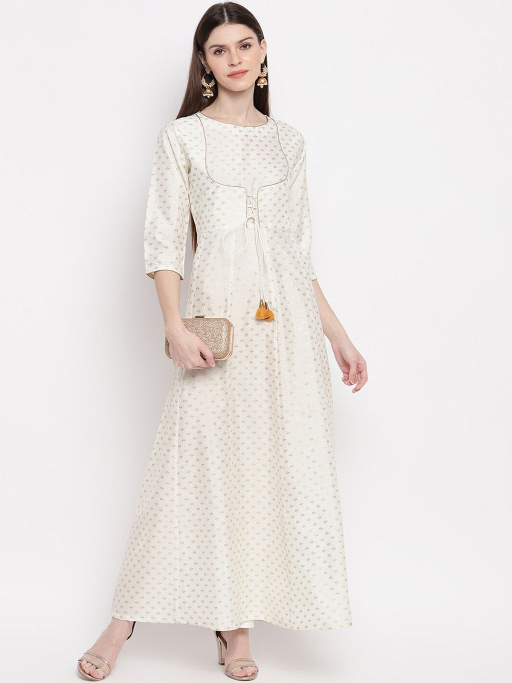 Janasya Off White & Gold-Toned Geometric Printed Anarkali Kurta - Distacart