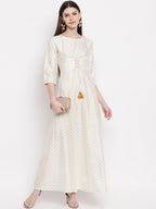 Janasya Off White & Gold-Toned Geometric Printed Anarkali Kurta - Distacart