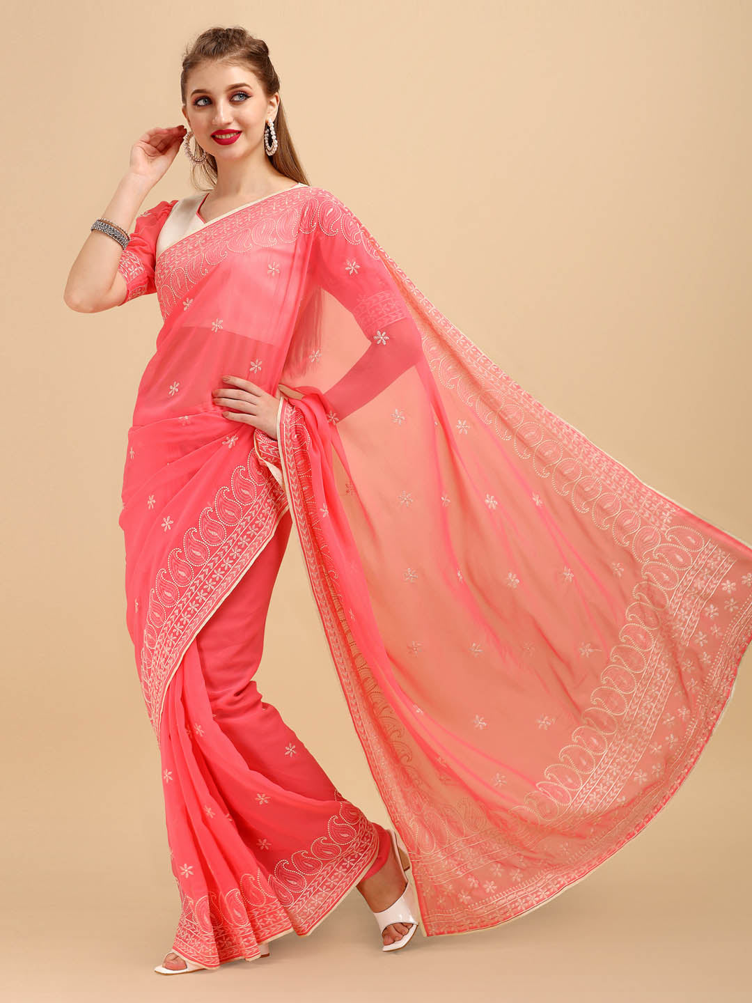 Sangria Rose & Gold-Toned Floral Chikankari Silk Blend Saree