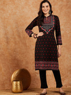 Sangria Floral Printed Mandarin Collar Winter Kurta & Trousers