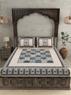 JAIPUR FABRIC Beige & Green Ethnic Motifs Cotton 210 TC Queen Bedsheet & 2 Pillow Covers